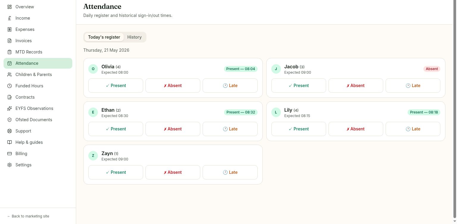 Daily attendance register with Present, Absent and Late buttons for each child