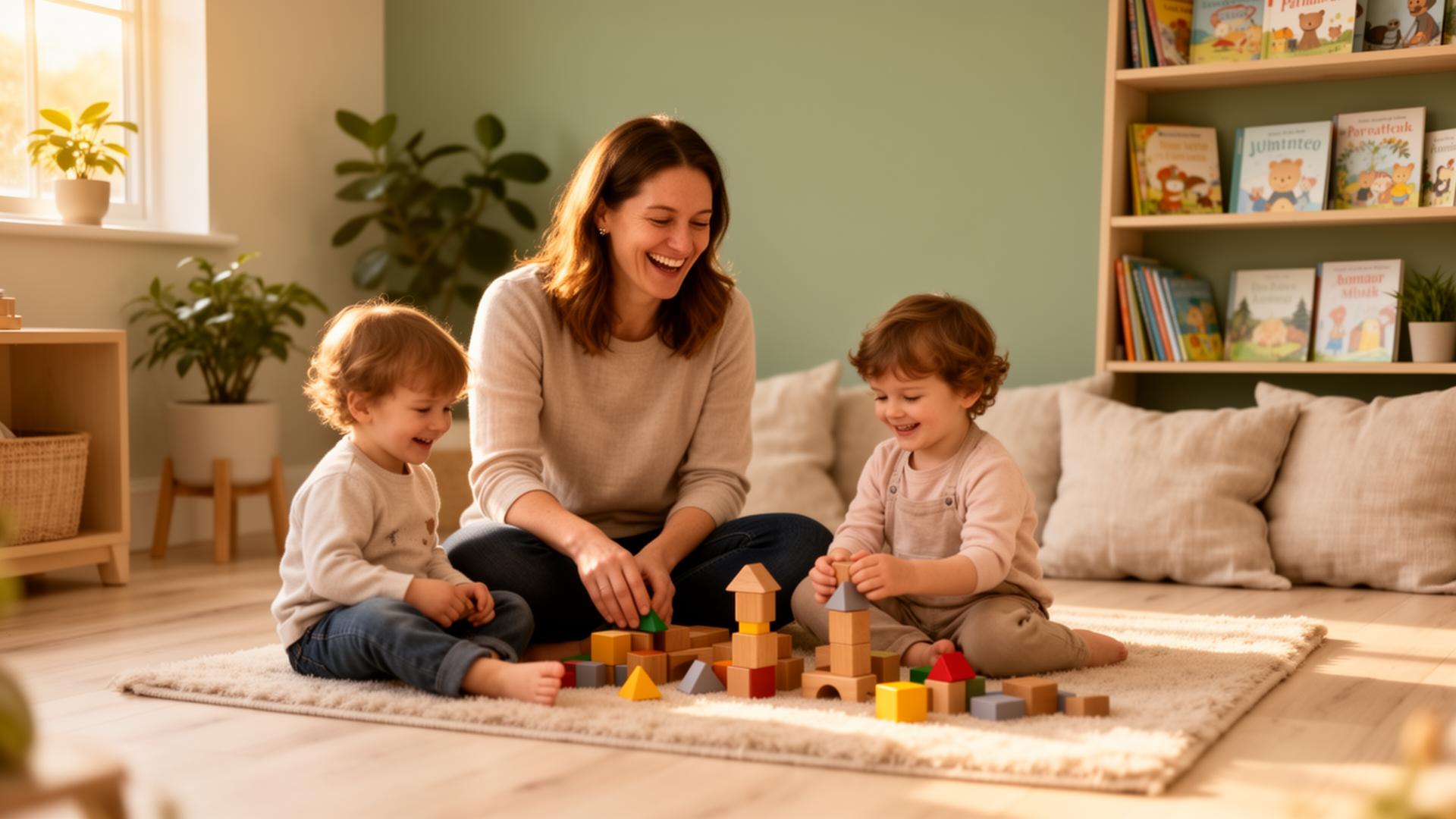 A UK childminder laughing with two young children playing with wooden blocks in a warm, sunlit home playroom