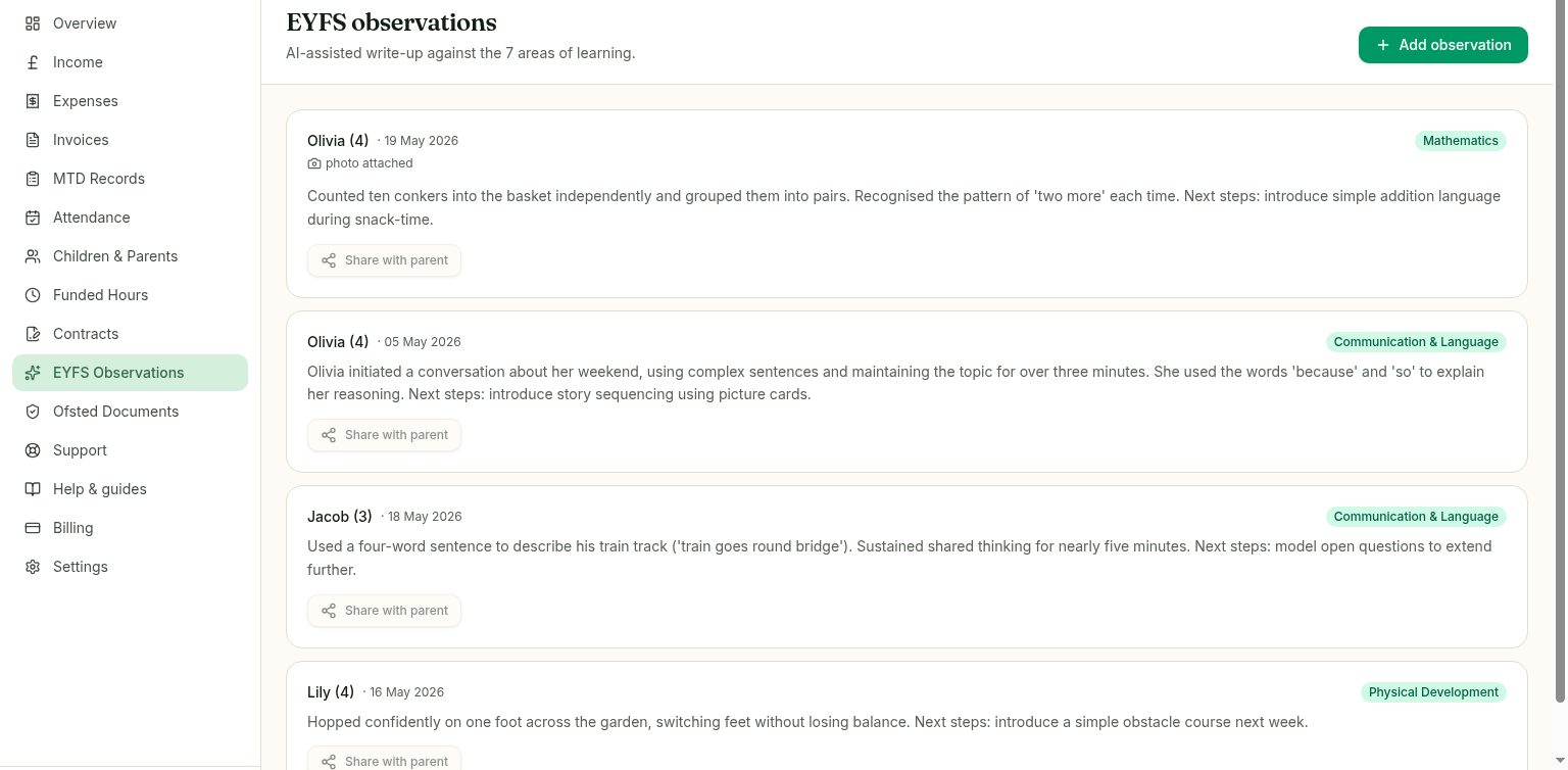 EYFS observations feed with development areas tagged for each child
